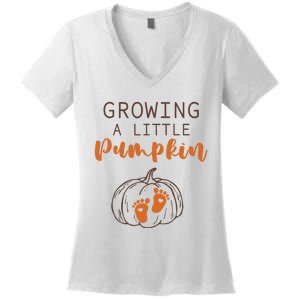 Growing A Little Pumpkin Pregnancy Reveal Thanksgiving Funny Women's V-Neck T-Shirt