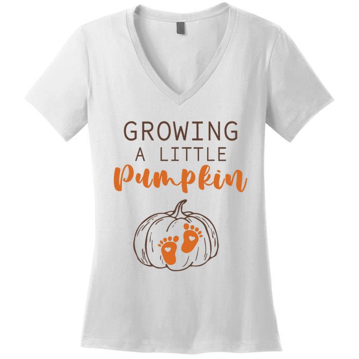 Growing A Little Pumpkin Pregnancy Reveal Thanksgiving Funny Women's V-Neck T-Shirt