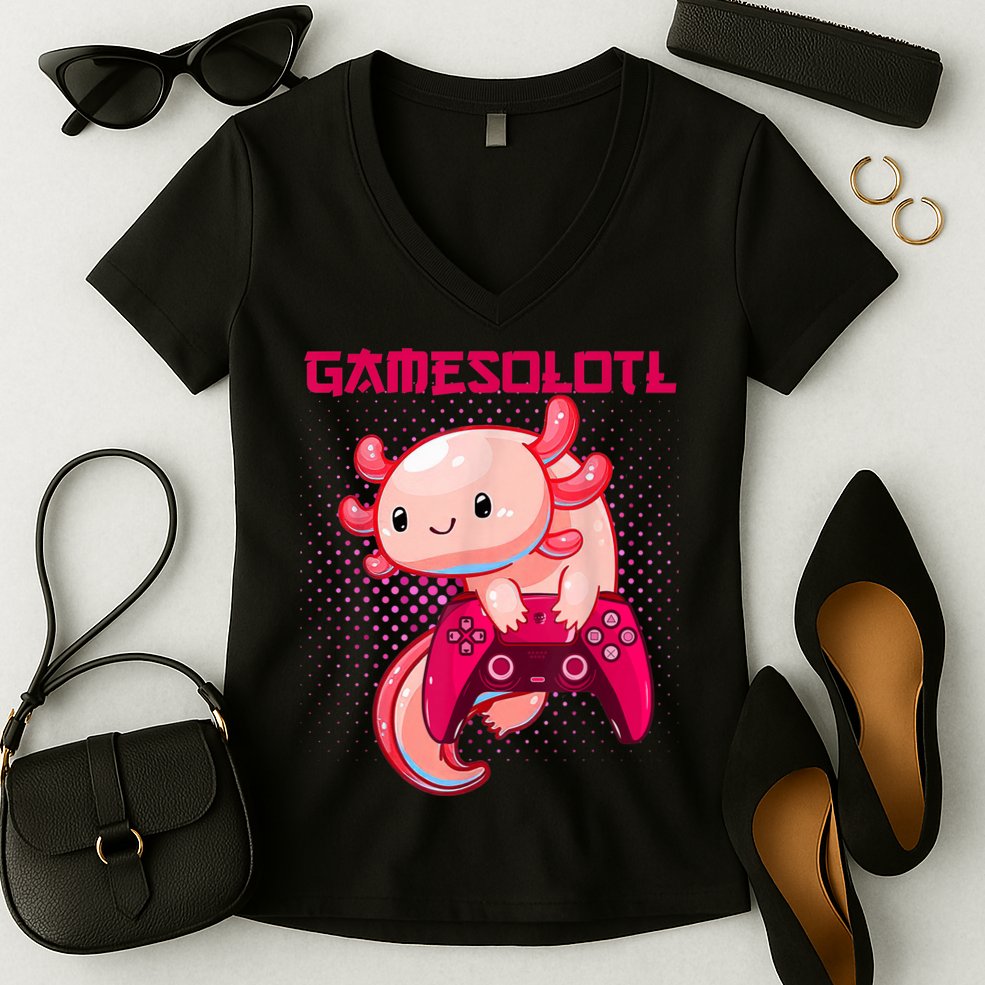 Gamer Axolotl Lover Cute Axolotl Gaming Video Gamer Gifts Women's V-Neck T-Shirt