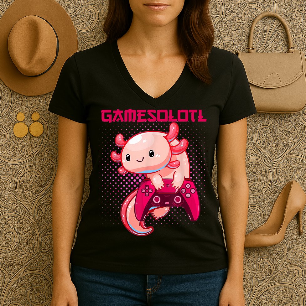 Gamer Axolotl Lover Cute Axolotl Gaming Video Gamer Gifts Women's V-Neck T-Shirt