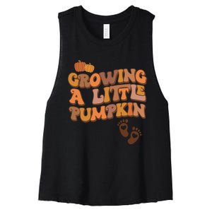 Growing A Little Pumpkin Thanksgiving Pregnancy Announcement Women's Racerback Cropped Tank