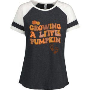 Growing A Little Pumpkin Thanksgiving Pregnancy Announcement Enza Ladies Jersey Colorblock Tee