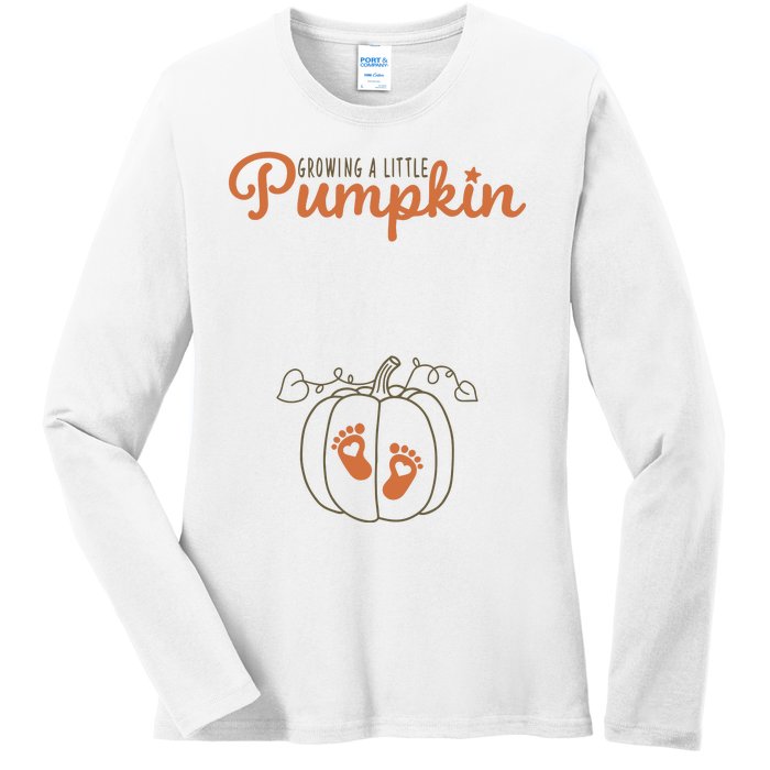 Growing A Little Pumpkin Pregnancy Thanksgiving Ladies Long Sleeve Shirt