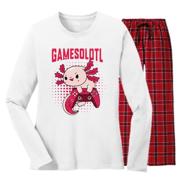 Gamer Axolotl Lover Cute Axolotl Gaming Retro Video Gamer  Women's Long Sleeve Flannel Pajama Set 