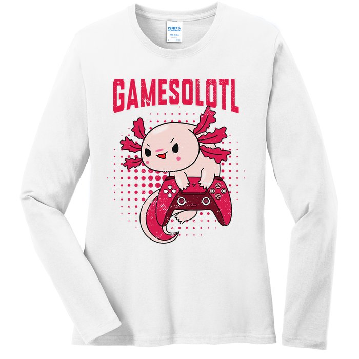 Gamer Axolotl Lover Cute Axolotl Gaming Retro Video Gamer  Ladies Long Sleeve Shirt