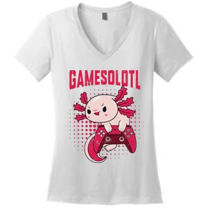 Gamer Axolotl Lover Cute Axolotl Gaming Retro Video Gamer  Women's V-Neck T-Shirt