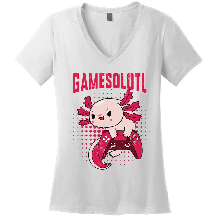 Gamer Axolotl Lover Cute Axolotl Gaming Retro Video Gamer  Women's V-Neck T-Shirt