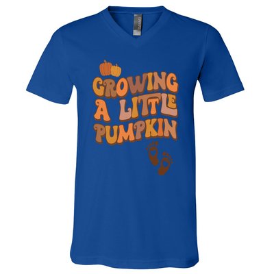 Growing A Little Pumpkin Thanksgiving Pregnancy Announcement V-Neck T-Shirt