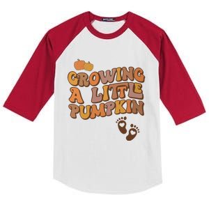 Growing A Little Pumpkin Pregnancy Announcement Halloween Kids Colorblock Raglan Jersey