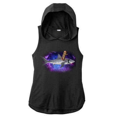 Galaxy Cat Riding Shark Ladies PosiCharge Tri-Blend Wicking Draft Hoodie Tank