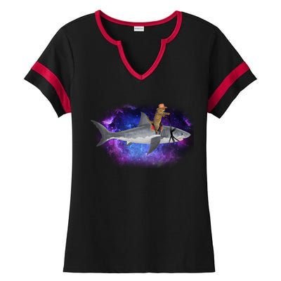 Galaxy Cat Riding Shark Ladies Halftime Notch Neck Tee