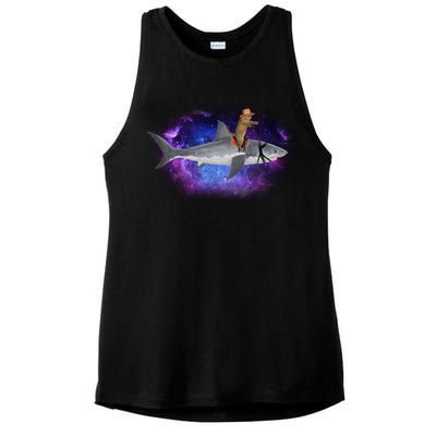 Galaxy Cat Riding Shark Ladies PosiCharge Tri-Blend Wicking Tank