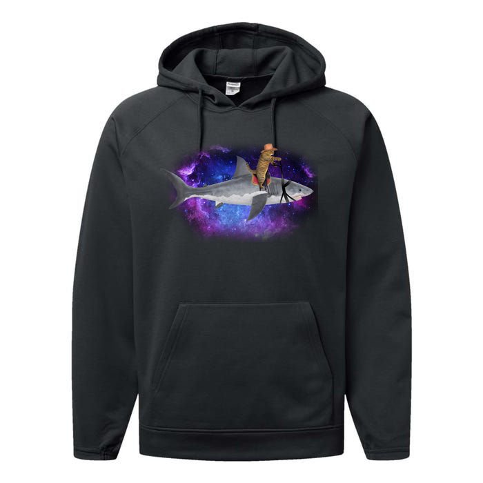 Galaxy Cat Riding Shark Performance Fleece Hoodie