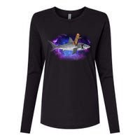 Galaxy Cat Riding Shark Womens Cotton Relaxed Long Sleeve T-Shirt