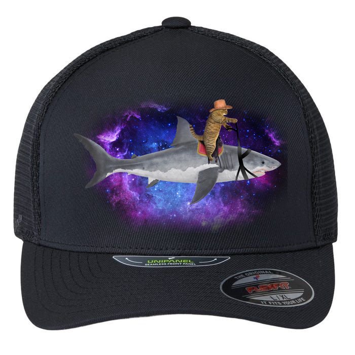 Galaxy Cat Riding Shark Flexfit Unipanel Trucker Cap