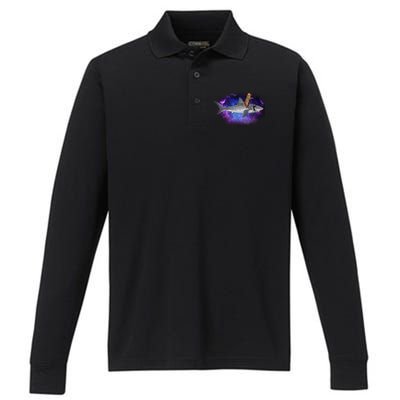 Galaxy Cat Riding Shark Performance Long Sleeve Polo