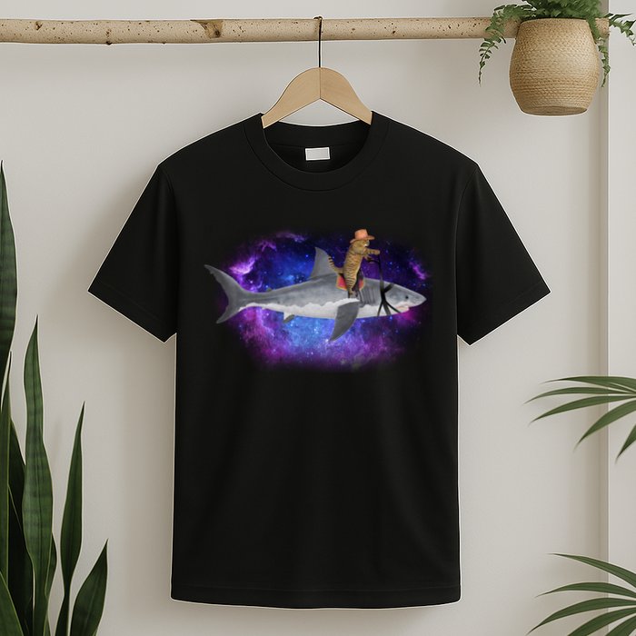 Galaxy Cat Riding Shark T-Shirt