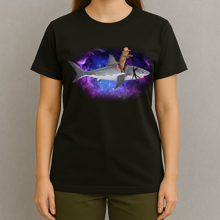 Galaxy Cat Riding Shark T-Shirt