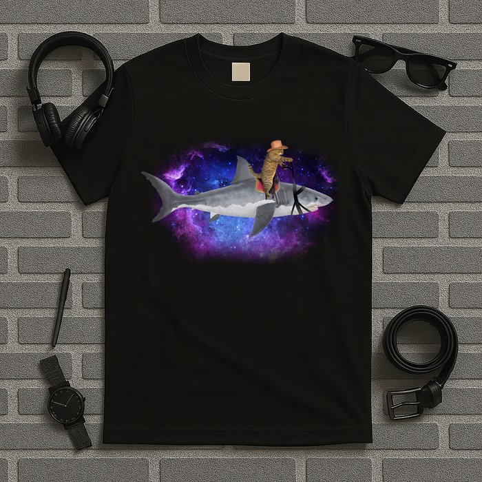 Galaxy Cat Riding Shark T-Shirt