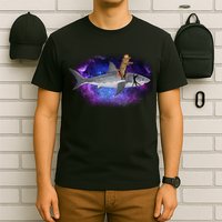 Galaxy Cat Riding Shark T-Shirt