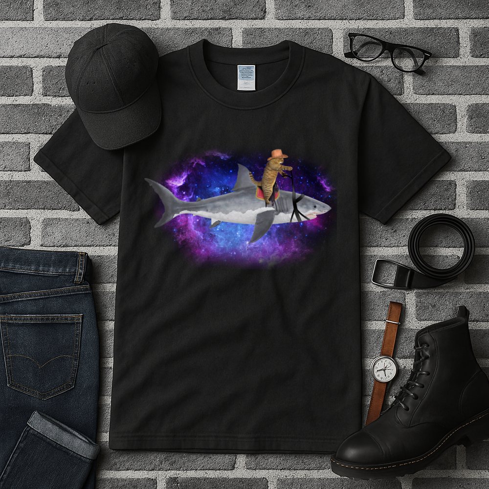Galaxy Cat Riding Shark Tall T-Shirt
