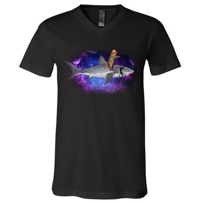 Galaxy Cat Riding Shark V-Neck T-Shirt