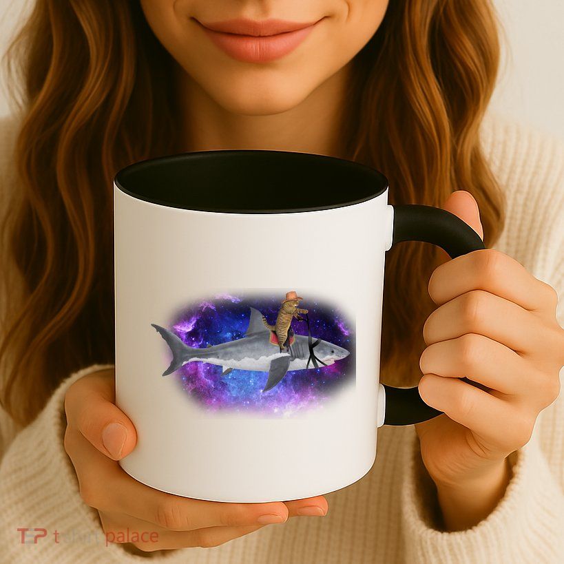 Galaxy Cat Riding Shark Mug