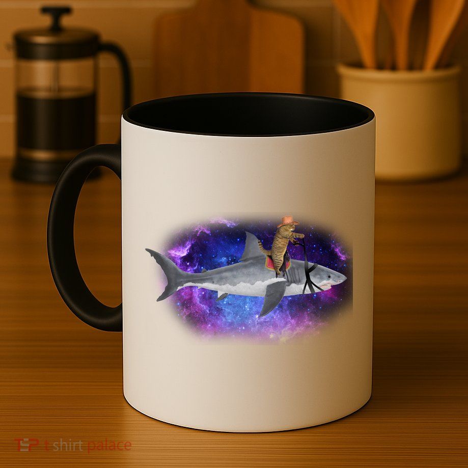 Galaxy Cat Riding Shark Mug