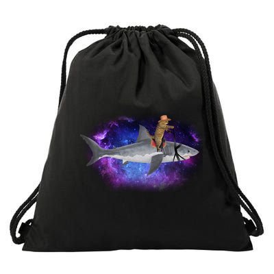 Galaxy Cat Riding Shark Drawstring Bag