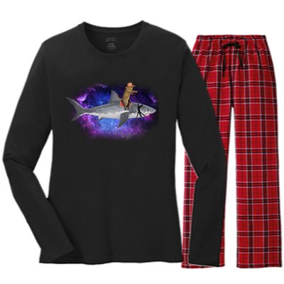 Galaxy Cat Riding Shark Women's Long Sleeve Flannel Pajama Set 