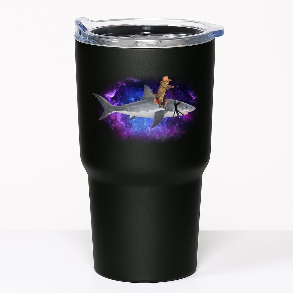 Galaxy Cat Riding Shark Tumbler