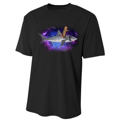 Galaxy Cat Riding Shark Performance Sprint T-Shirt