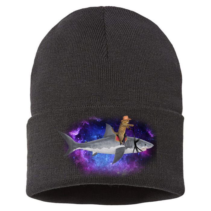 Galaxy Cat Riding Shark Sustainable Knit Beanie