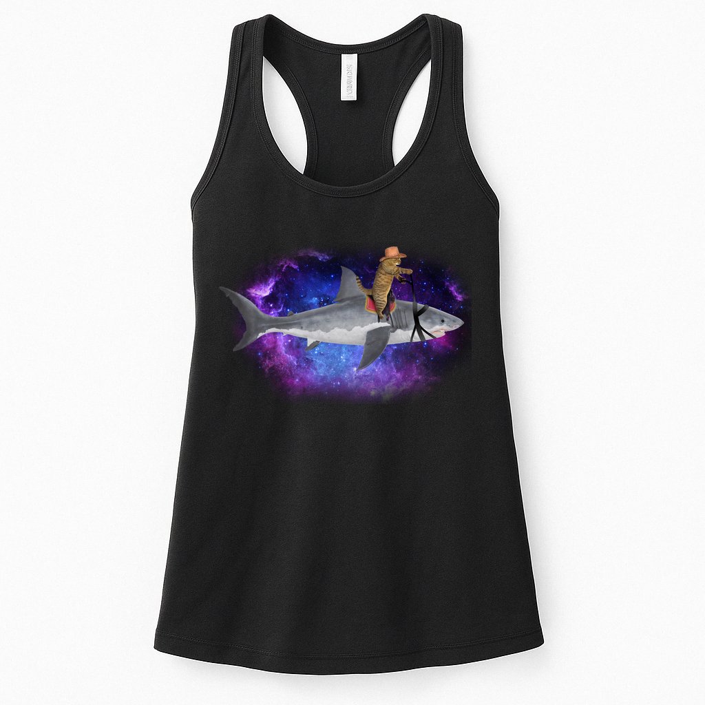 Galaxy Cat Riding Shark Womens Tank Top