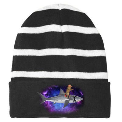 Galaxy Cat Riding Shark Striped Beanie with Solid Band