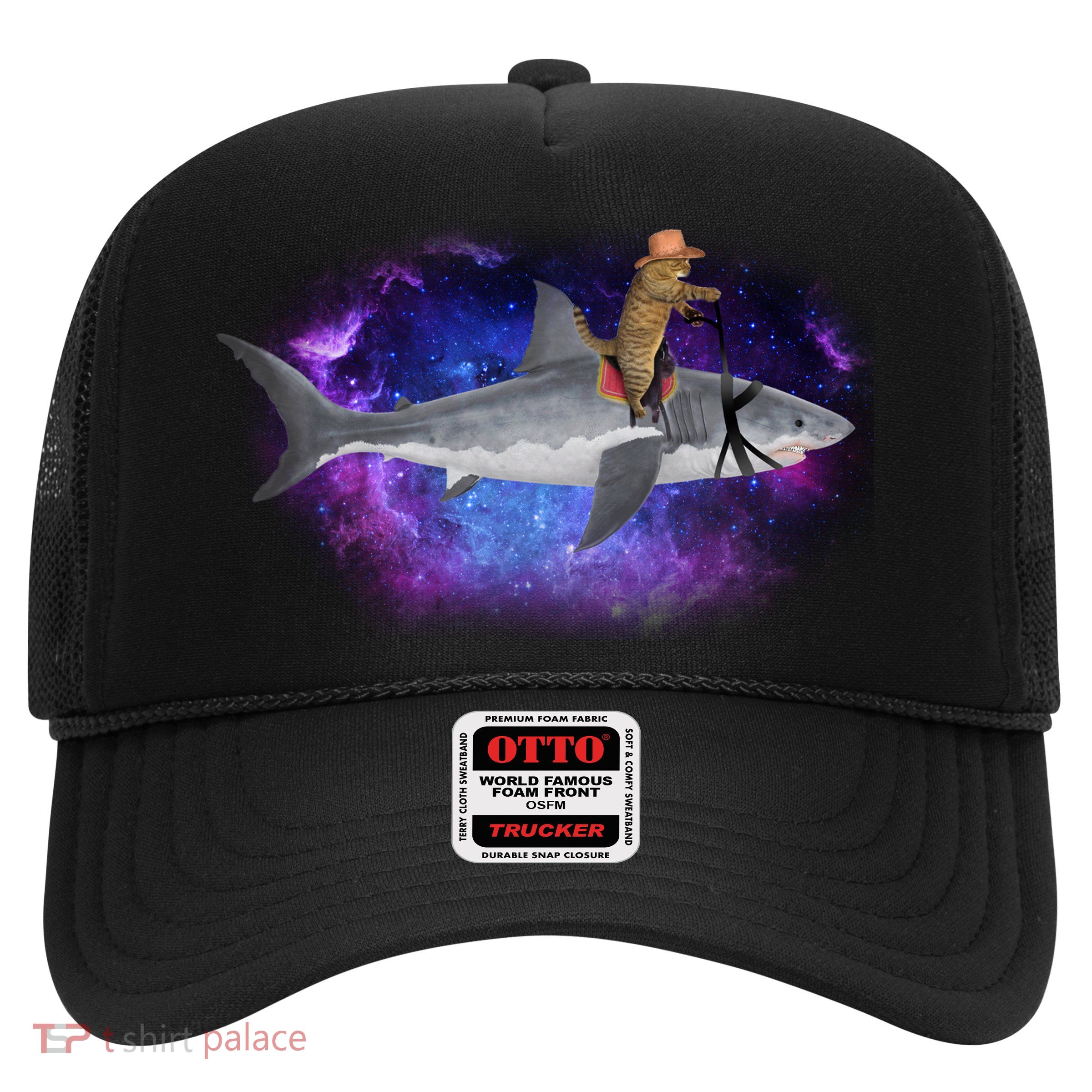 Galaxy Cat Riding Shark Trucker Hat
