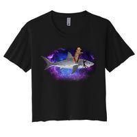 Galaxy Cat Riding Shark Women's Crop Top Tee