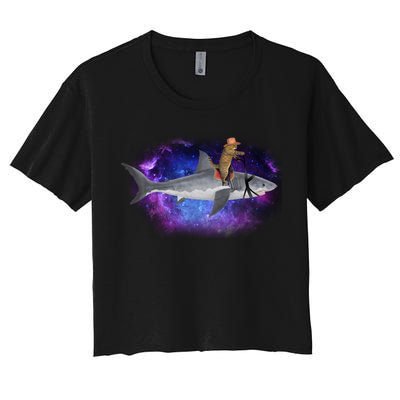 Galaxy Cat Riding Shark Women's Crop Top Tee