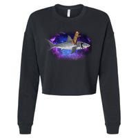 Galaxy Cat Riding Shark Cropped Pullover Crew