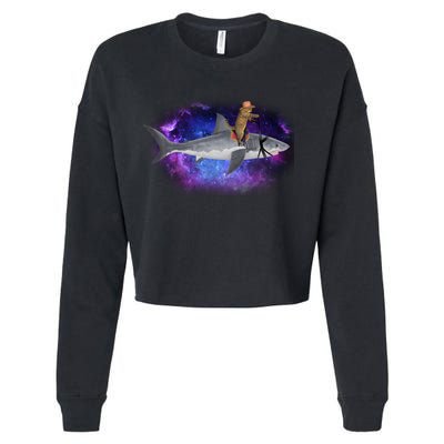 Galaxy Cat Riding Shark Cropped Pullover Crew