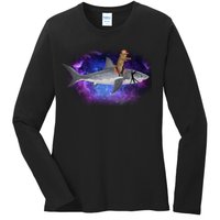 Galaxy Cat Riding Shark Ladies Long Sleeve Shirt