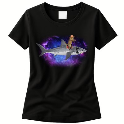 Galaxy Cat Riding Shark Womens T-Shirt