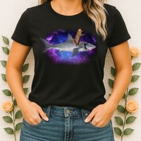 Galaxy Cat Riding Shark Womens T-Shirt