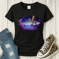 Galaxy Cat Riding Shark Womens T-Shirt