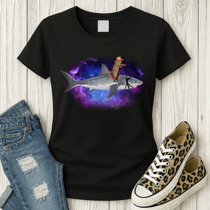 Galaxy Cat Riding Shark Womens T-Shirt