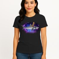 Galaxy Cat Riding Shark Womens T-Shirt