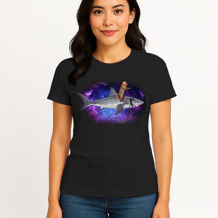 Galaxy Cat Riding Shark Womens T-Shirt