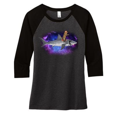 Galaxy Cat Riding Shark Women's Tri-Blend 3/4-Sleeve Raglan Shirt