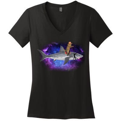 Galaxy Cat Riding Shark Women's V-Neck T-Shirt