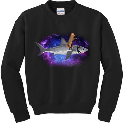 Galaxy Cat Riding Shark Kids Sweatshirt